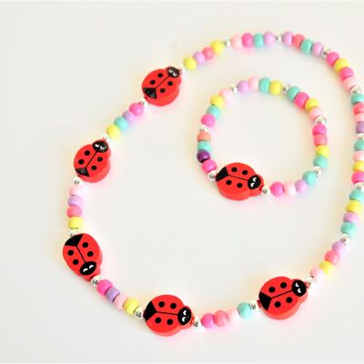 Set necklace+bracelet wooden beetle colorful