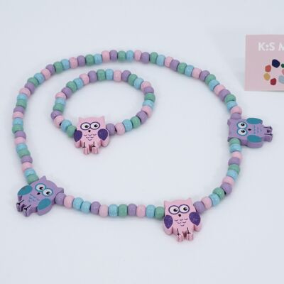 Wooden owl necklace and bracelet set