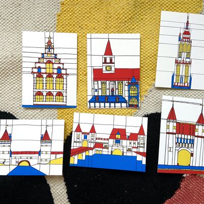 Mondrianstyle Amersfoort buildings cards, set of 6