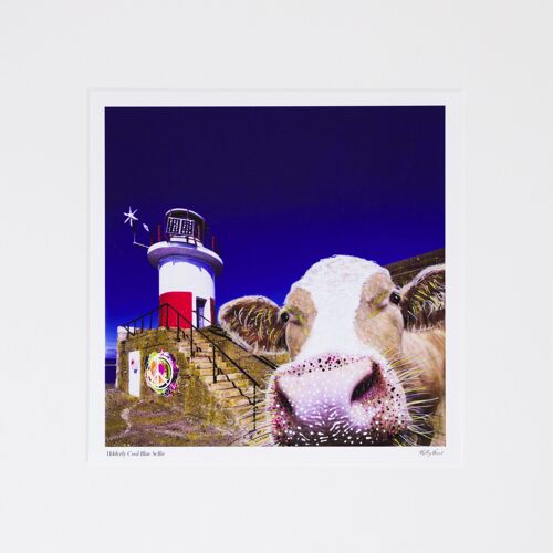 MOUNTED Limited Edition Print THE BORN MUCKY COLLECTION - Udderly Cool blue Moo selfie
