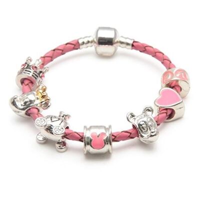 Children's 'Fairytale Dreams' Pink Leather Charm Bead Bracelet 16cm