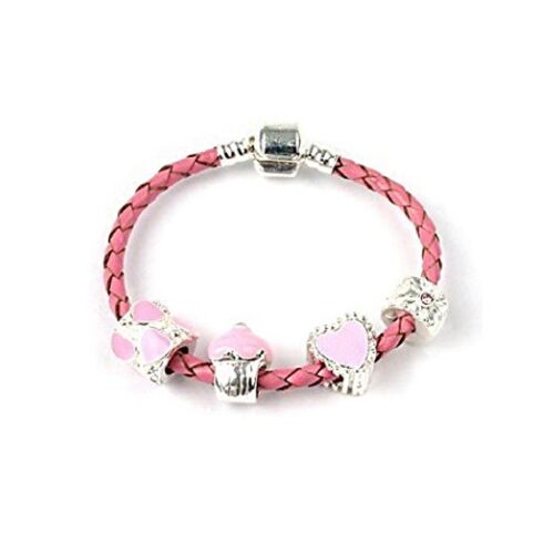Children's 'Love and Kisses' Pink Leather Charm Bead Bracelet 16cm
