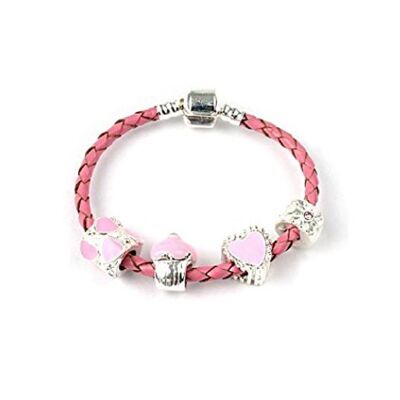 Pulsera infantil de abalorios de cuero rosa 'Love and Kisses' de 16 cm