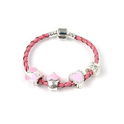 Kinderarmband „Love and Kisses“ aus rosafarbenem Leder mit Charm-Perlen, 18 cm