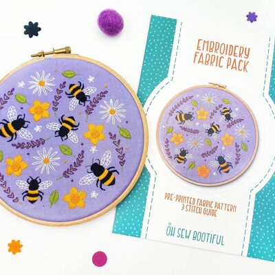 Paquete de tela con patrón de bordado hecho a mano de abejas y lavanda