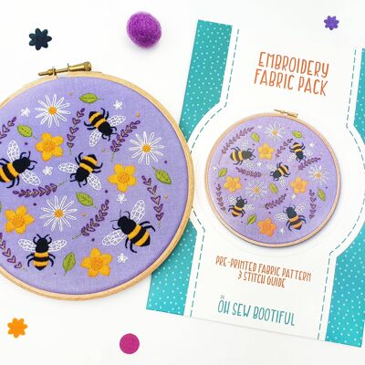Paquete de tela con patrón de bordado hecho a mano de abejas y lavanda