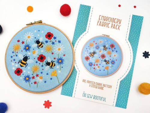 Bees and Wildflowers Handmade Embroidery Pattern Fabric Pack