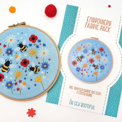 Bees and Wildflowers Handmade Embroidery Pattern Fabric Pack