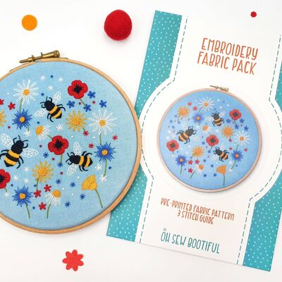 Paquete de tela con patrón de bordado hecho a mano de abejas y flores silvestres