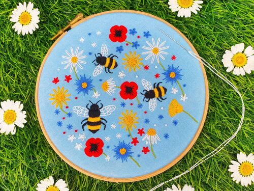 Bees and Wildflowers Handmade Embroidery Kit Hoop Art