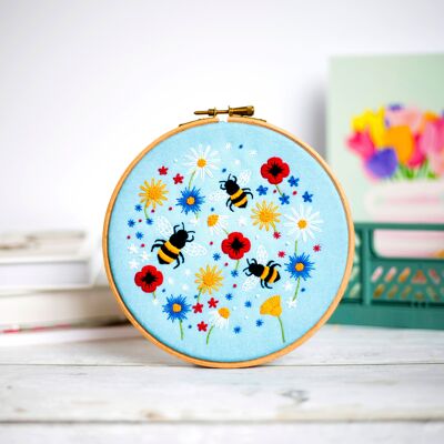 Bees and Wildflowers Handmade Embroidery Kit Hoop Art