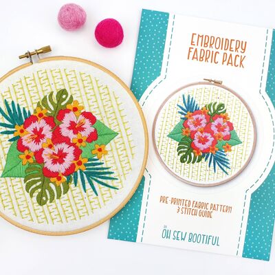 Paquete de tela con patrón de bordado hecho a mano de hibisco tropical