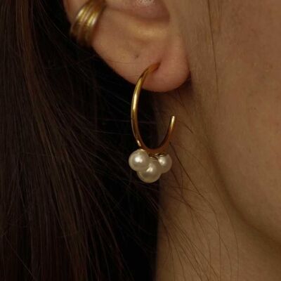 Steel hoop earrings steel ring three pearls