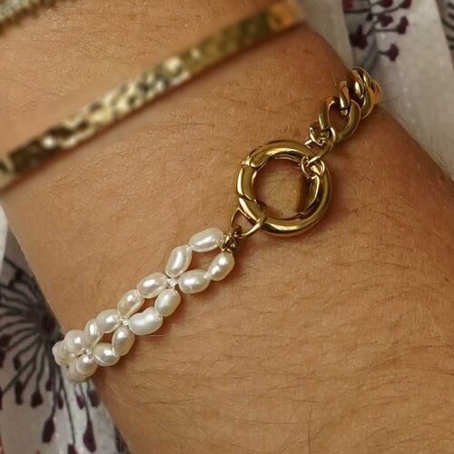 Bracelet acier inoxydable deux rangs gourmette perles anneau
