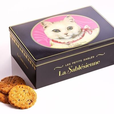 Galletas de mantequilla pura fresca con chispas de chocolate - "Gato Blanco" caja metálica 250g