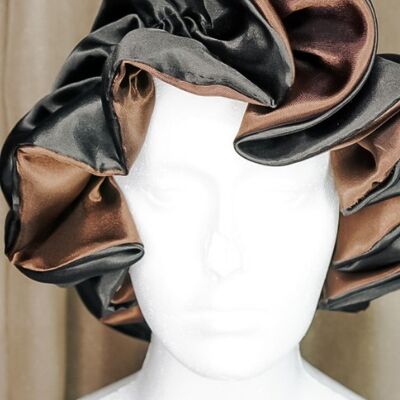 100% Satin Reversible Double Layered Bonnet - Black-Brown - Women  / M