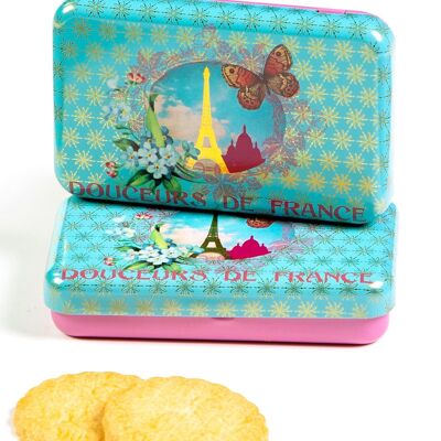 Pure fresh butter plain shortbread biscuits - mini metal box "Paris Bleu" 35 g