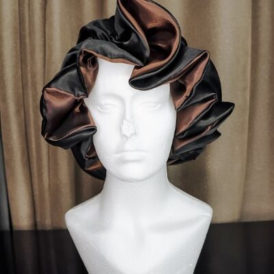 100% Satin Reversible Double Layered Bonnet - Black-Brown - Women  / L