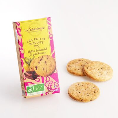 Biscotti di pasta frolla con gocce di cioccolato e banana biologici e vegani - scatola di cartone da 55 g