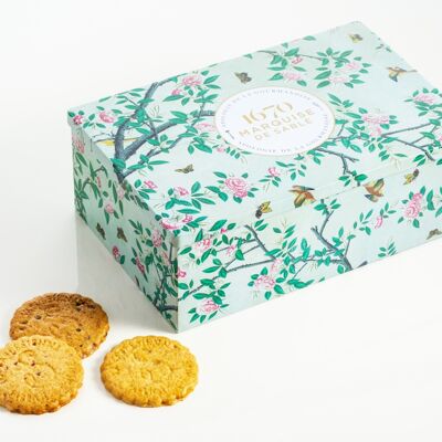 Biscotti di pasta frolla assortimento semplice di puro burro fresco, lamponi e gocce di cioccolato - scatola di metallo "Dans un jardin" 300 g