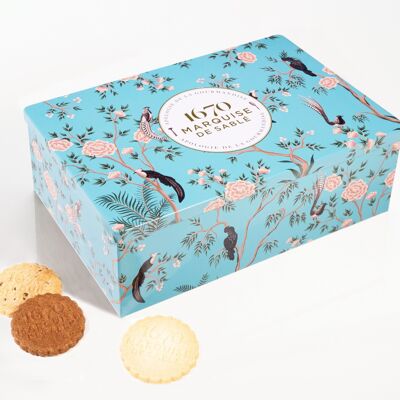 Shortbread cookies assortment of pure fresh butter plain shortbread, with chocolate chips and all chocolate. - metal box “Garden of Paradise” 300 g