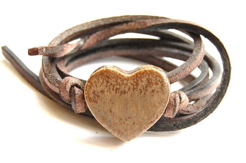 Bracelet leather with vintage brown ceramic heart