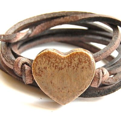 Bracelet leather with vintage brown ceramic heart