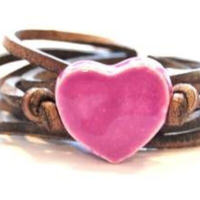 Bracelet cuir avec coeur en céramique violette