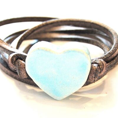 Bracelet cuir avec coeur en céramique bleu clair
