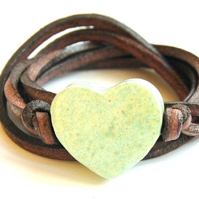 Bracelet leather with pastel green ceramic heart