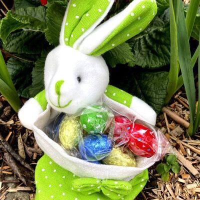 Conejito de pascua en tela relleno de huevos rellenos de chocolate bajo lámina multicolor