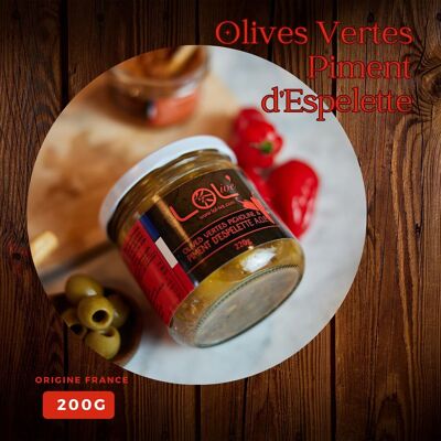 Olives vertes Piment Espelette - Pot 200gr & Pasteurisées - Picholine - France / Provence