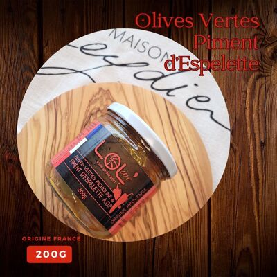 Olive verdi al peperoncino di Espelette - Vasetto da 200gr & Pastorizzato - Picholine - Francia/Provenza