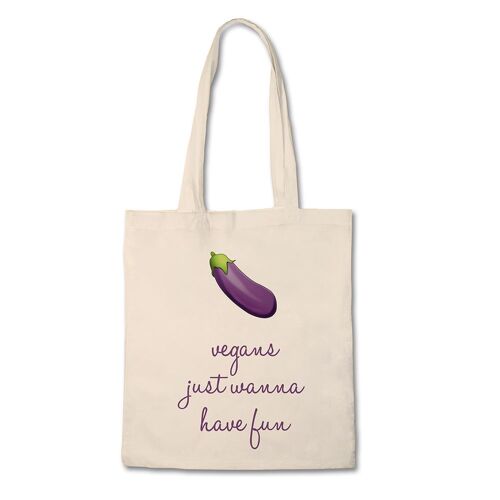 Funny Tote Bag - Vegans Just Want To Have Fun - Aubergine - 100% Cotton Canvas Bag