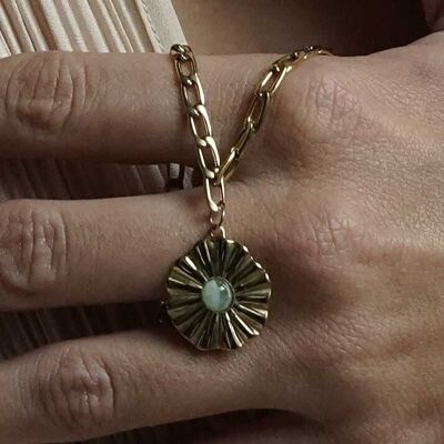 Collana lunga grande catena in acciaio fiore cesellato acciaio pietra semi preziosa amazzonite