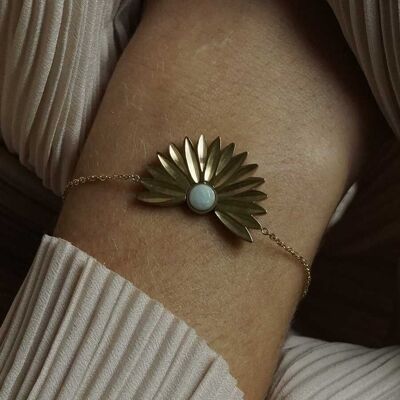 Steel bracelet open flower petal semi precious stone amazonite