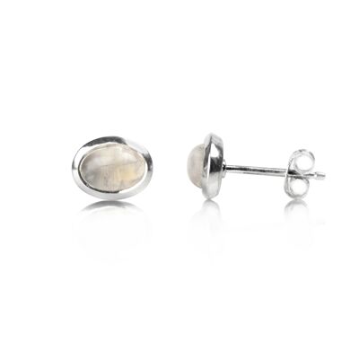 Oval Cabochon Moonstone Studs in Sterling Silver