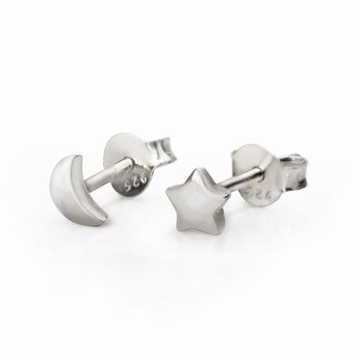 Moon and Star Stud Earrings in Sterling Silver