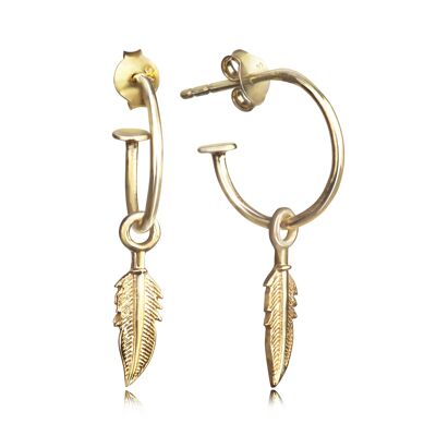Open Hoop Earring with Feather Charm in Gold Vermeil