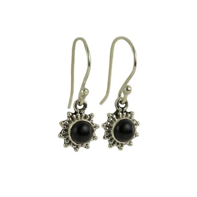 Star Motif Hook Dangle Earrings with Black Onyx in Sterling Silver