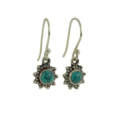 Star Motif Hook Dangle Earrings with Turquoise in Sterling Silver