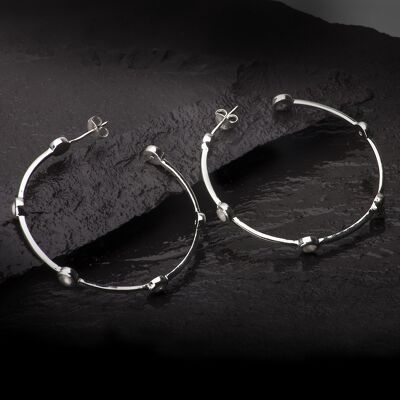 Open Hoop Studs Earrings with Moonstones in Sterling Silver