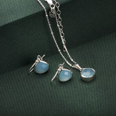 Pear-Shaped Aqua Chalcedony Jewellery Set in Sterling Silver - 20"+2"