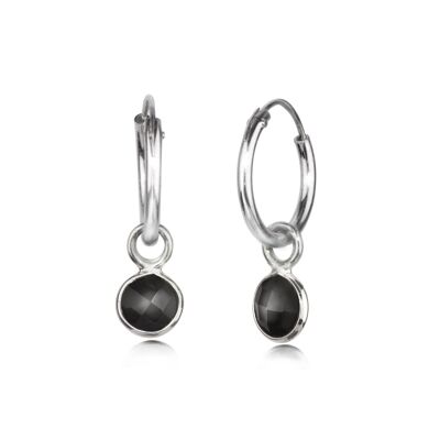 Hoop Earrings with Black Onyx Charm in Sterling Silver - Sleeper 20mm
