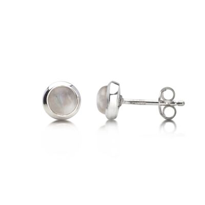 Round Cabochon Moonstone Studs in Sterling Silver