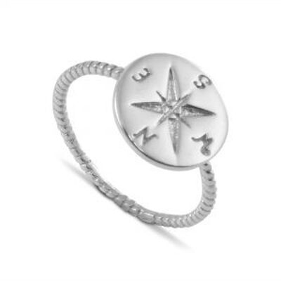 Beaded Shank Engraved Compass Life Navigation Ring in Sterling Silver