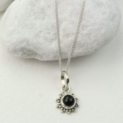 Star Motif Pendant Necklace with Black Onyx in Sterling Silver - 18"