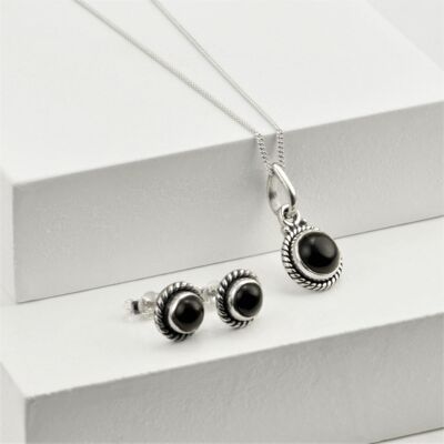 Round Black Onyx Jewellery Set in Sterling Silver - 18"