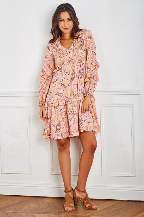 Robe tunique courte rose claire, évasée à imprimé cachemire avec LUREX