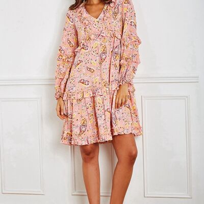 Short light pink tunic dress, flared in cashmere print with LUREX